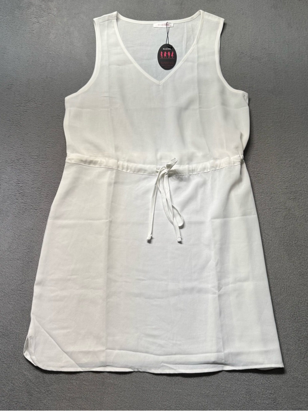 Bluetime Womens M Sleeveless Knee Length Dress White Drawstring Waist Summer EUC